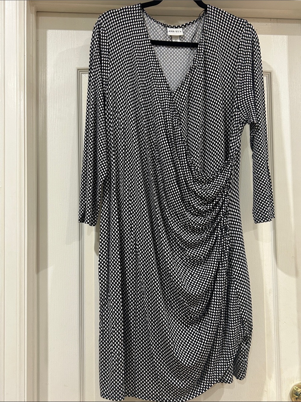 Ava & Viv Black and White Polka Dot Wrap Dress with Side Ruching